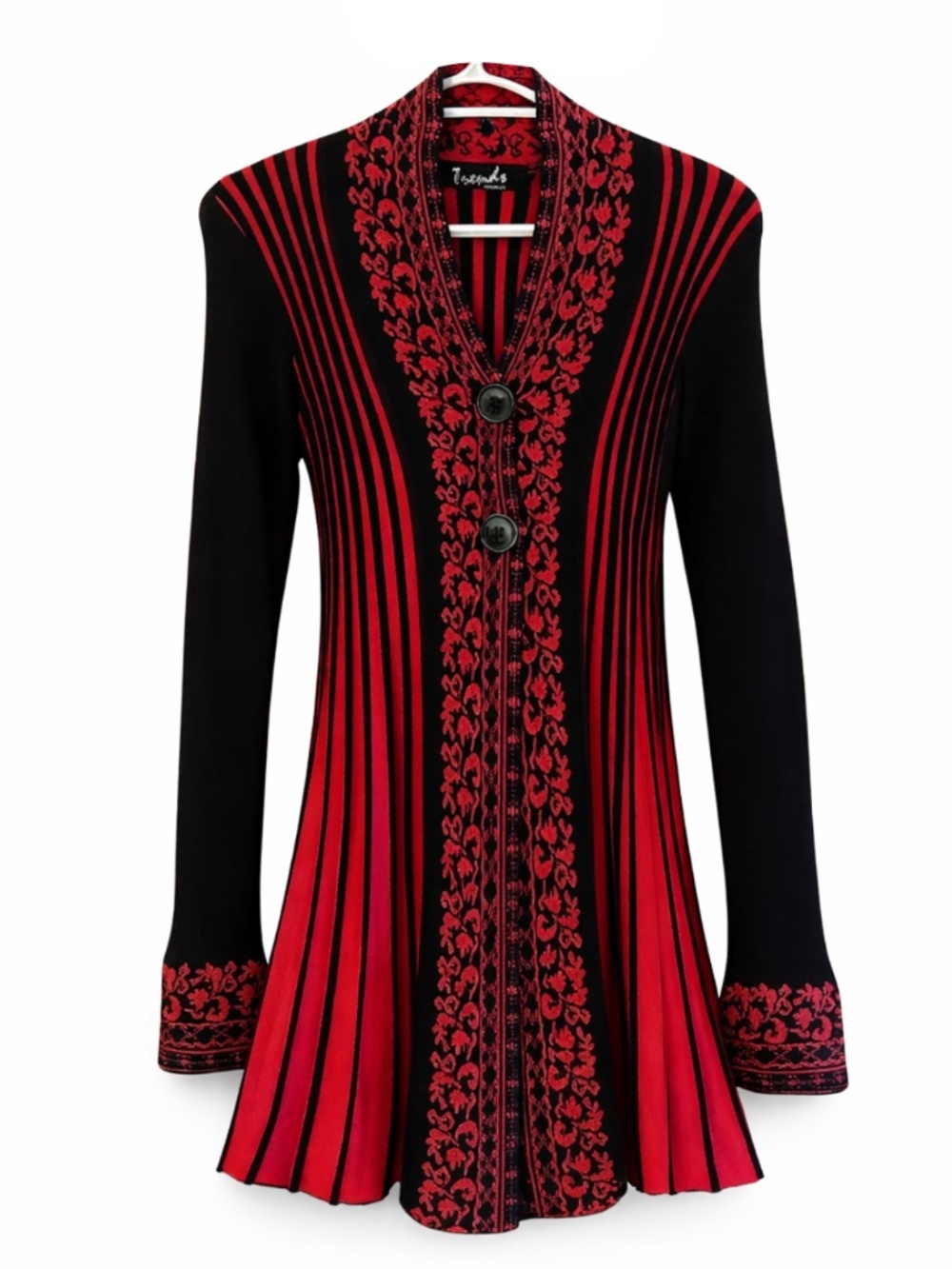 Vintage ‘Trends’ Black & Coral Pink Ribbed Flared Cardigan – Size Small EUC